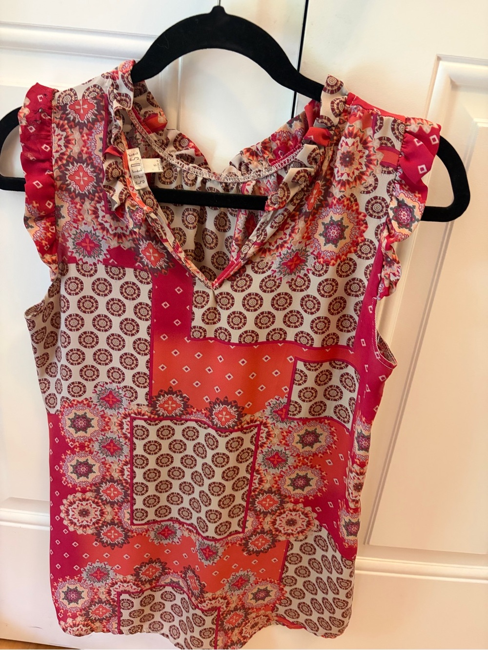 Barely worn - Spense Pink and Cream Patchwork Ruffle Cap-Sleeve Blouse - Picture 2 of 7